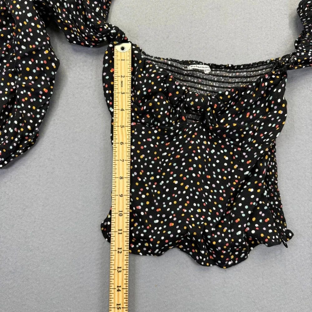Reformation Emilee Top Black Polka Dot Balloon Sleeve Smocked Crop Blouse XS‎
